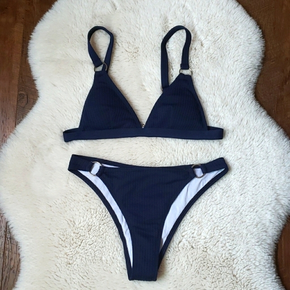 New Ribbed Triangle Bralette High Waist Bikini Set - Picture 7 of 9